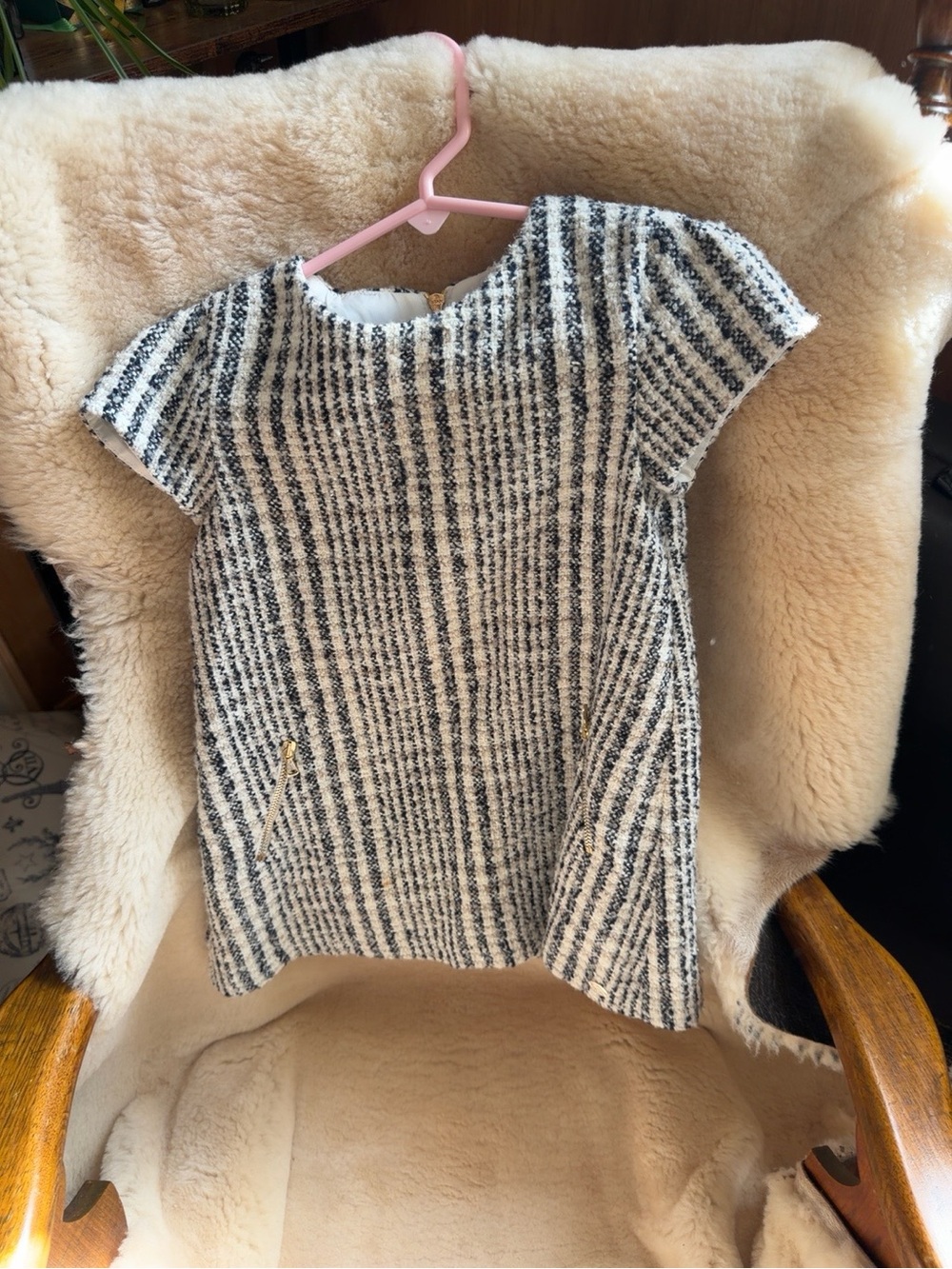 Tartine et Chocolat Girls 3T Tweed A-Line Dress Black Cream Gold Zip Pockets